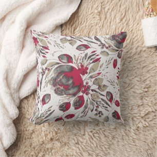 Joyful Peonies - Beige & Viva Magenta on White Throw Pillow