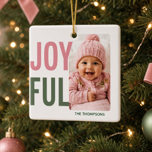 JOYFUL Personalized Family Photo Modern Christmas  Ceramic Ornament