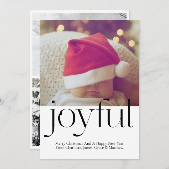 Joyful Photo Personalized Christmas Black White Holiday Card (Front/Back)