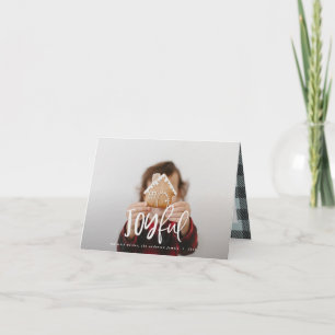 Joyful photo script text and tartan family holiday note card