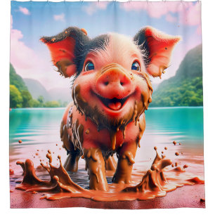“Joyful Piglet in Mud Bath - Whimsical Farm Art”
