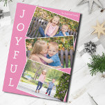 Joyful Pink 3 Kids Photo Collage Cute Christmas Holiday Card<br><div class="desc">Cute pink Christmas photo collage card with 3 kids photographs in a fun overlapping snapshot pattern with white border and the word Joyful written vertically down the side. Find your three favourite pictures for this fun family holiday card.</div>