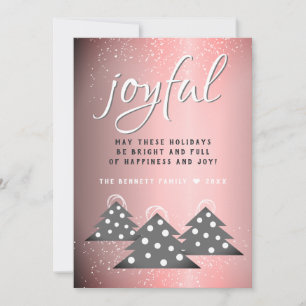 Joyful Pink Metallic Script Christmas Tree Family Holiday Card