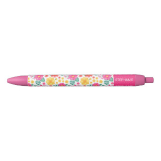 Joyful Pink Orange Yellow Floral Personalized Name Black Ink Pen