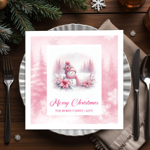 Joyful Pink Snowman Kids Christmas Scene Winter  Napkin