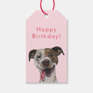 Joyful Pit Bull Dog Drawing   Happy Birthday Gift Tags