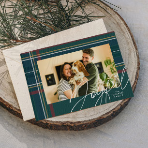 Joyful plaid classic green family photo holiday card