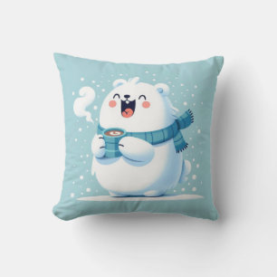 Joyful Polar Bear with Hot Cocoa: Winter Wonder Throw Pillow
