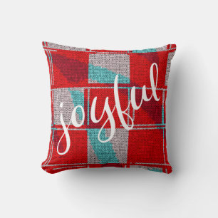 Joyful Red Blue Knitting Plaid Pattern Christmas Throw Pillow