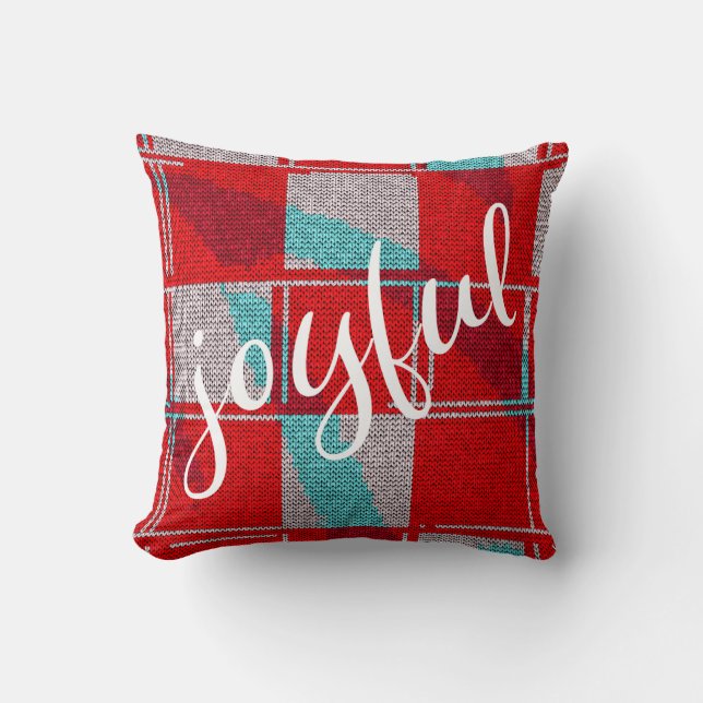 Joyful Red Blue Knitting Plaid Pattern Christmas Throw Pillow (Front)