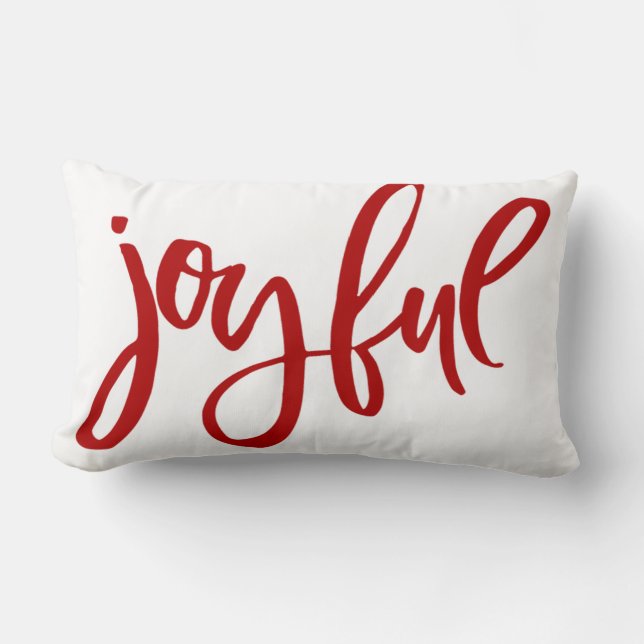 Joyful Red Calligraphy on White Holiday Stars Lumbar Pillow (Front)