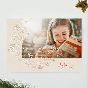 JOYFUL   Red & Cream Photo Rose Gold Foil Holiday Card