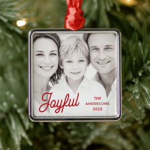 Joyful red festive retro font name year photo metal ornament