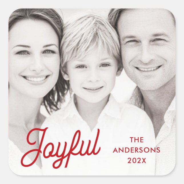 Joyful red festive retro font name year photo square sticker (Front)