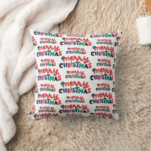Joyful Red & Green Merry Christmas White Festive Throw Pillow