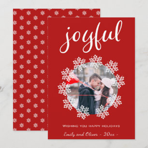 Joyful Red Script Snowflake Frame Photo Holiday Card
