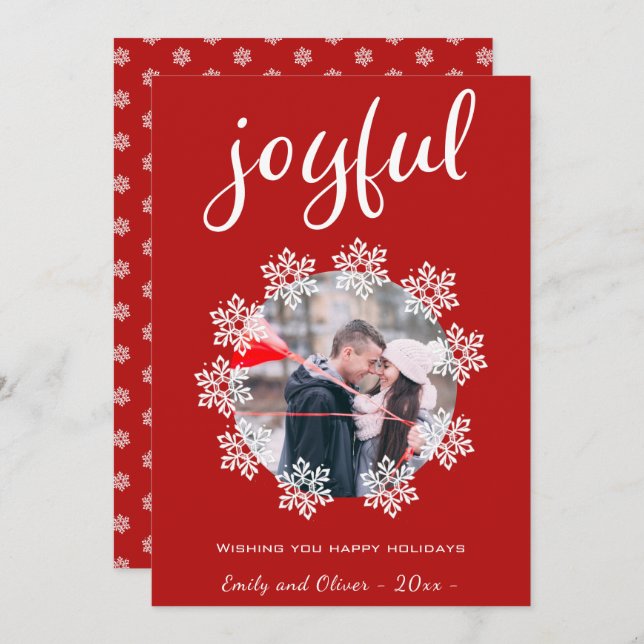 Joyful Red Script Snowflake Frame Photo Holiday Card (Front/Back)