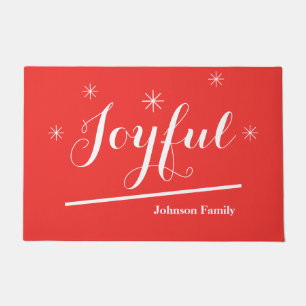 "Joyful" Red & White Personalized Name Happy Fun Doormat