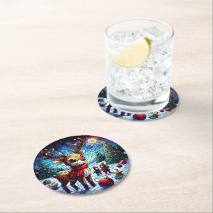 Joyful reindeer in winter wonderland with friends round paper coaster