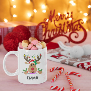 Joyful Reindeer Lights Christmas Design with Name Coffee Mug