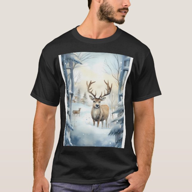 Joyful Reindeer Snowscape T-Shirt (Front)