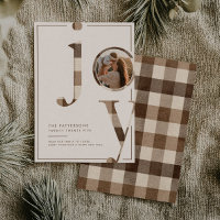 Joyful Rustic Brown Gingham Family Photo Christmas