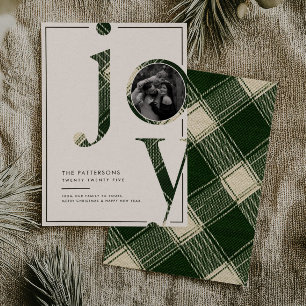 Joyful Rustic Green Gingham Family Photo Christmas Holiday Card