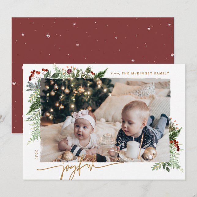 JOYFUL Rustic Greenery Gold Dry Brush Effect Photo Holiday Card (Front/Back)