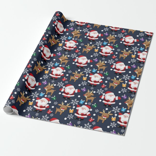 Joyful Santa And Reindeer Pattern Wrapping Paper (Unrolled)