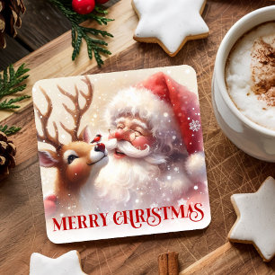 Joyful Santa and Rudolph Cute Christmas Coasters