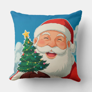 Joyful Santa Claus Holding a Small Christmas Tree Throw Pillow
