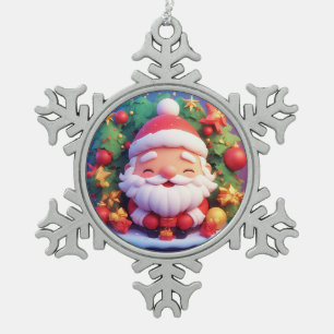 Joyful Santa Claus Surrounded by Festive Christmas Snowflake Pewter Christmas Ornament