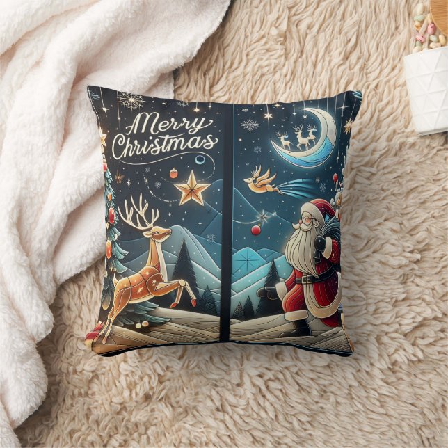 Joyful Santa on snowy Christmas Eve Throw Pillow (Blanket)
