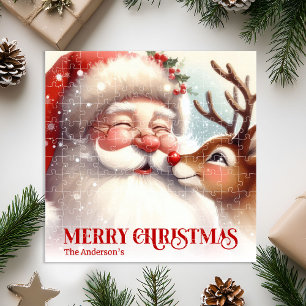 Joyful Santa Rudolph Personalized Christmas Kids Jigsaw Puzzle