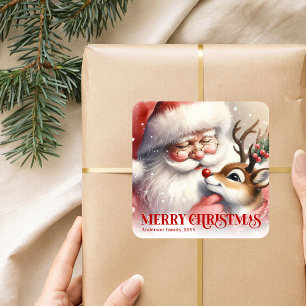 Joyful Santa Rudolph Personalized Christmas Kids Square Sticker