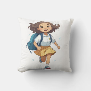 Joyful Schoolgirl Running: Animated Back-to-School Throw Pillow