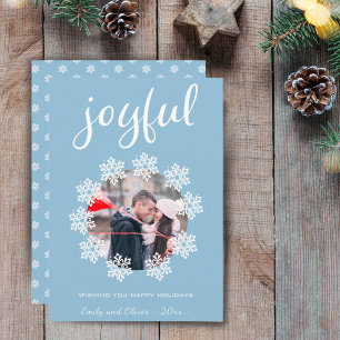Joyful Script Blue Snowflake Frame Photo Holiday Card