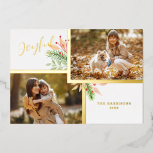 Joyful Script Botanical 2-Photo w/Gold Frame Foil Holiday Card