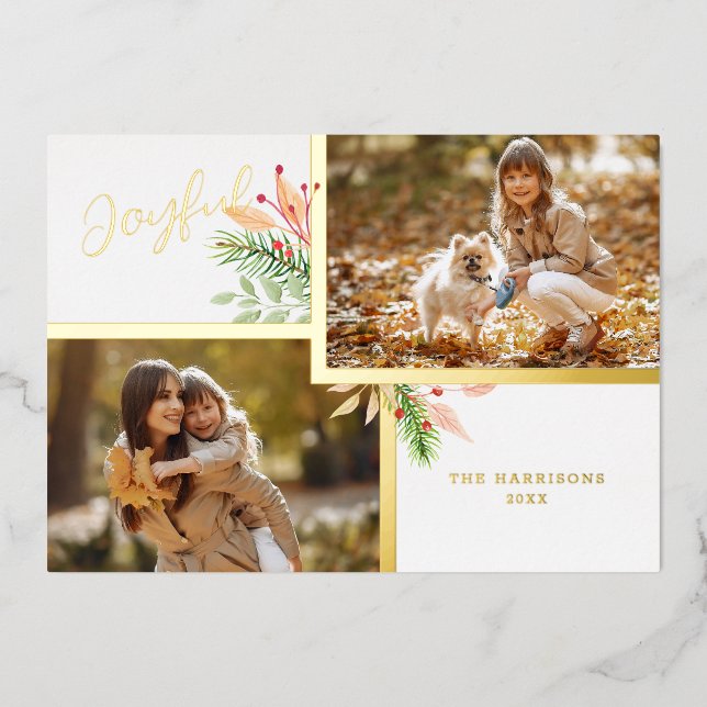 Joyful Script Botanical 2-Photo w/Gold Frame Foil Holiday Card (Front)