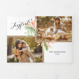 Joyful Script Botanical 2-Photo w/Gold Frame Tri-Fold Holiday Card