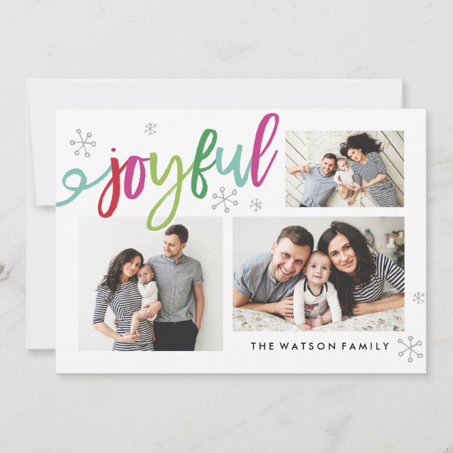 Joyful Script Colourful Holiday 3 Photo Collage Card (Front)