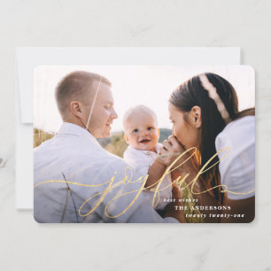 Joyful script gold holiday photo card