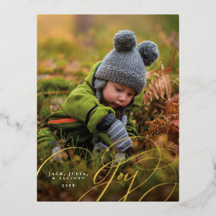 Joyful Script Happy Photo Foil Holiday Postcard