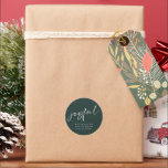 Joyful Script Merry Christmas Green  Classic Round Sticker<br><div class="desc">Joyful Script Merry Christmas Green. Easily personalise with your greeting and names. Joyful is in a modern playful set script in white which can be changed to another colour if you so wish as can the dark green background.</div>