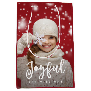 Joyful Script Modern Christmas Holiday Photo Medium Gift Bag
