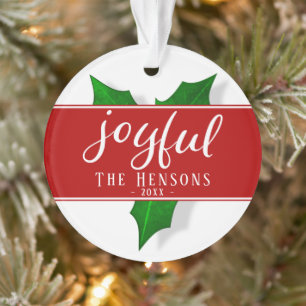 Joyful Script Modern Holly Berry Plant Ornament