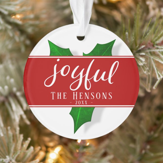 Joyful Script Modern Holly Berry Plant Ornament (Tree)