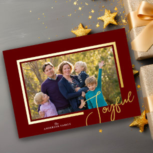Joyful Script Modern Minimal Photo Christmas Foil Foil Holiday Card
