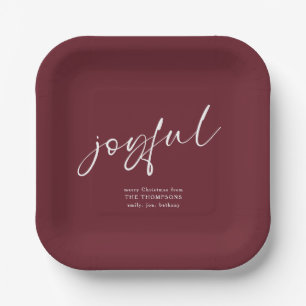 Joyful Script Name Merry Christmas Burgundy Paper Plate