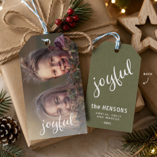 Joyful Script Olive Green Holiday Family Photo Gift Tags